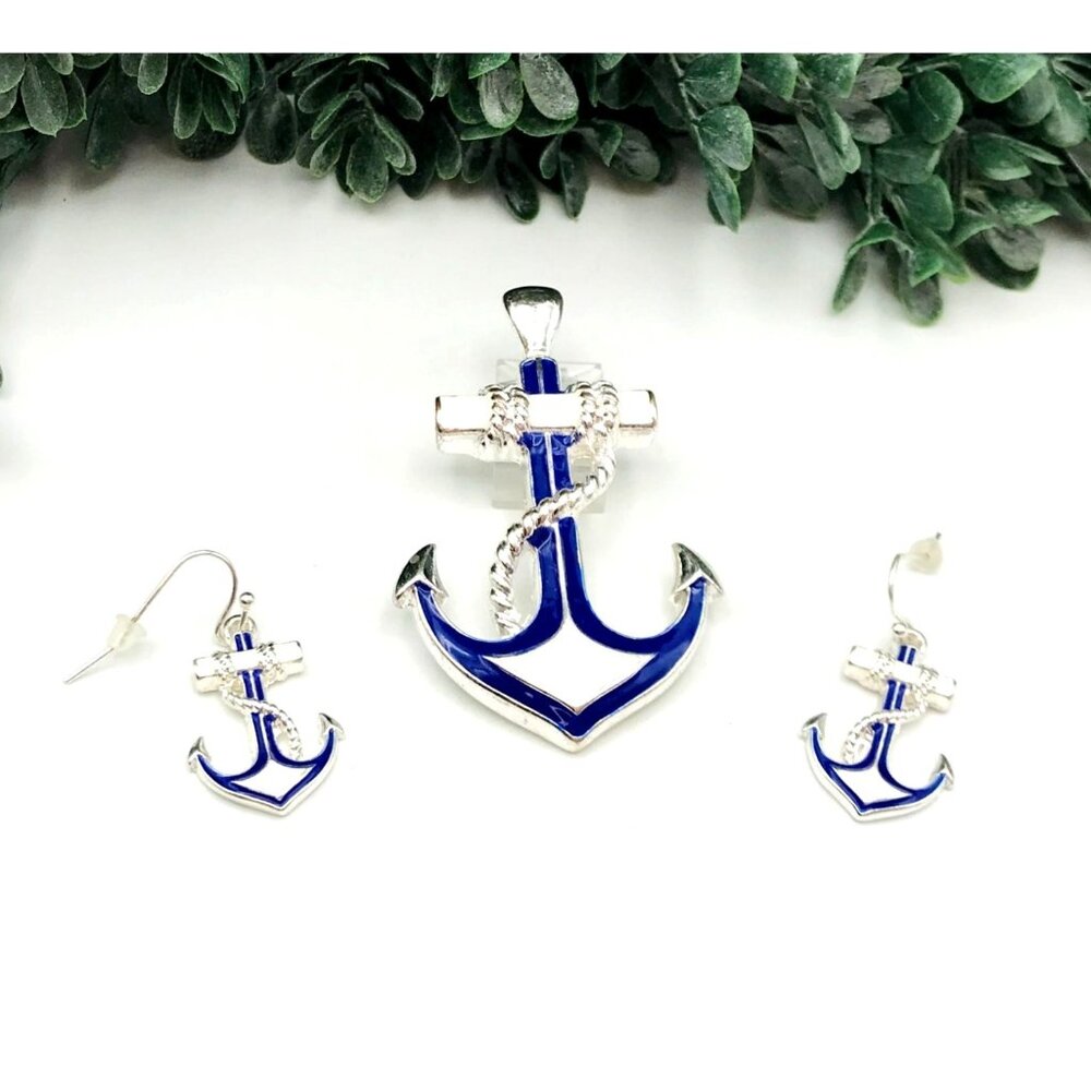 Anchor Pendant & Earrings Set With Blue Enamel & Silver Tone Finish